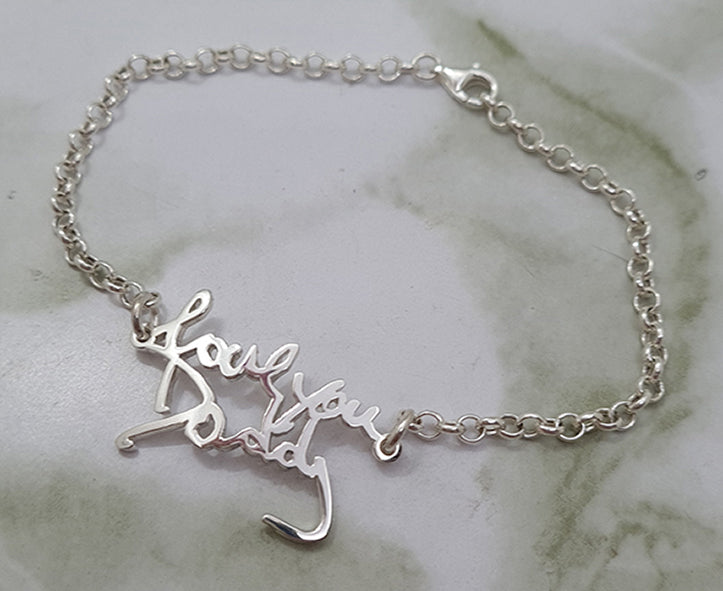 Handmade Sterling silver bracelet with Custom handwriting design.